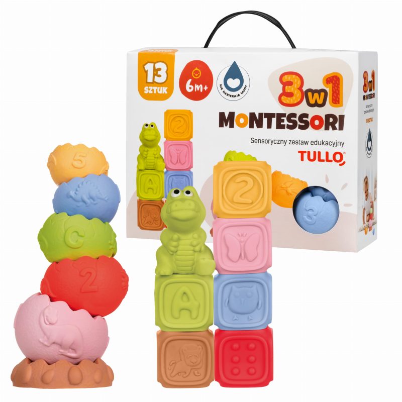 Senzorická sada Montessori - pyramida a hrací kostky 13 ks