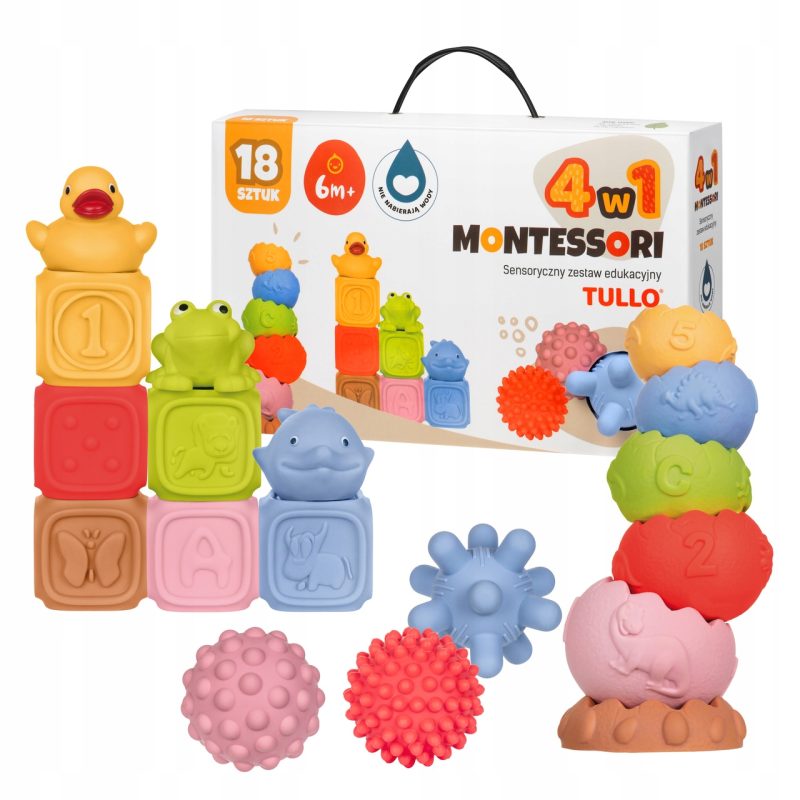 Senzorická sada Montessori - pyramida a hrací kostky 18 ks